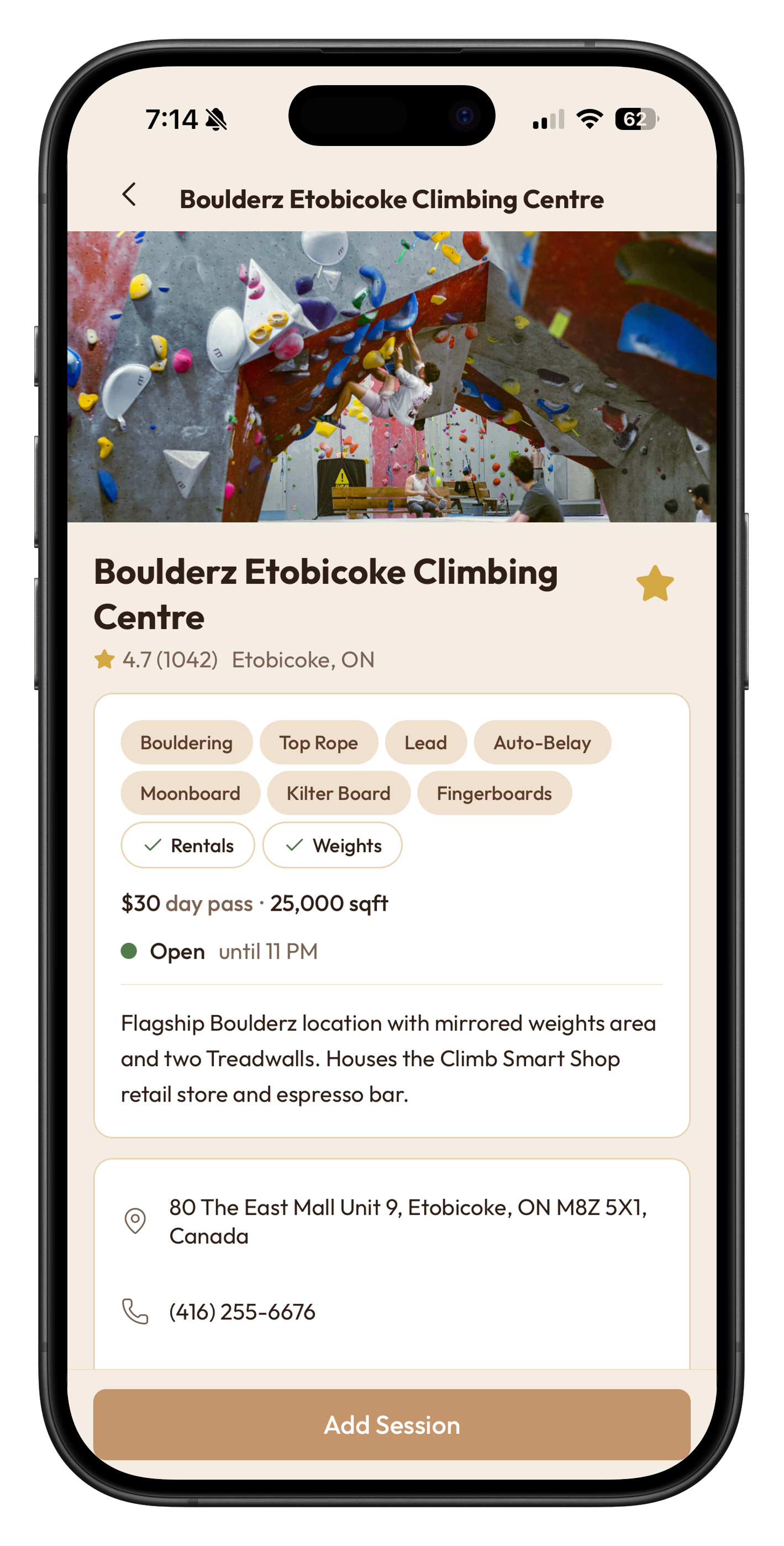 ClimbNorth gym detail screen for a specific climbing gym