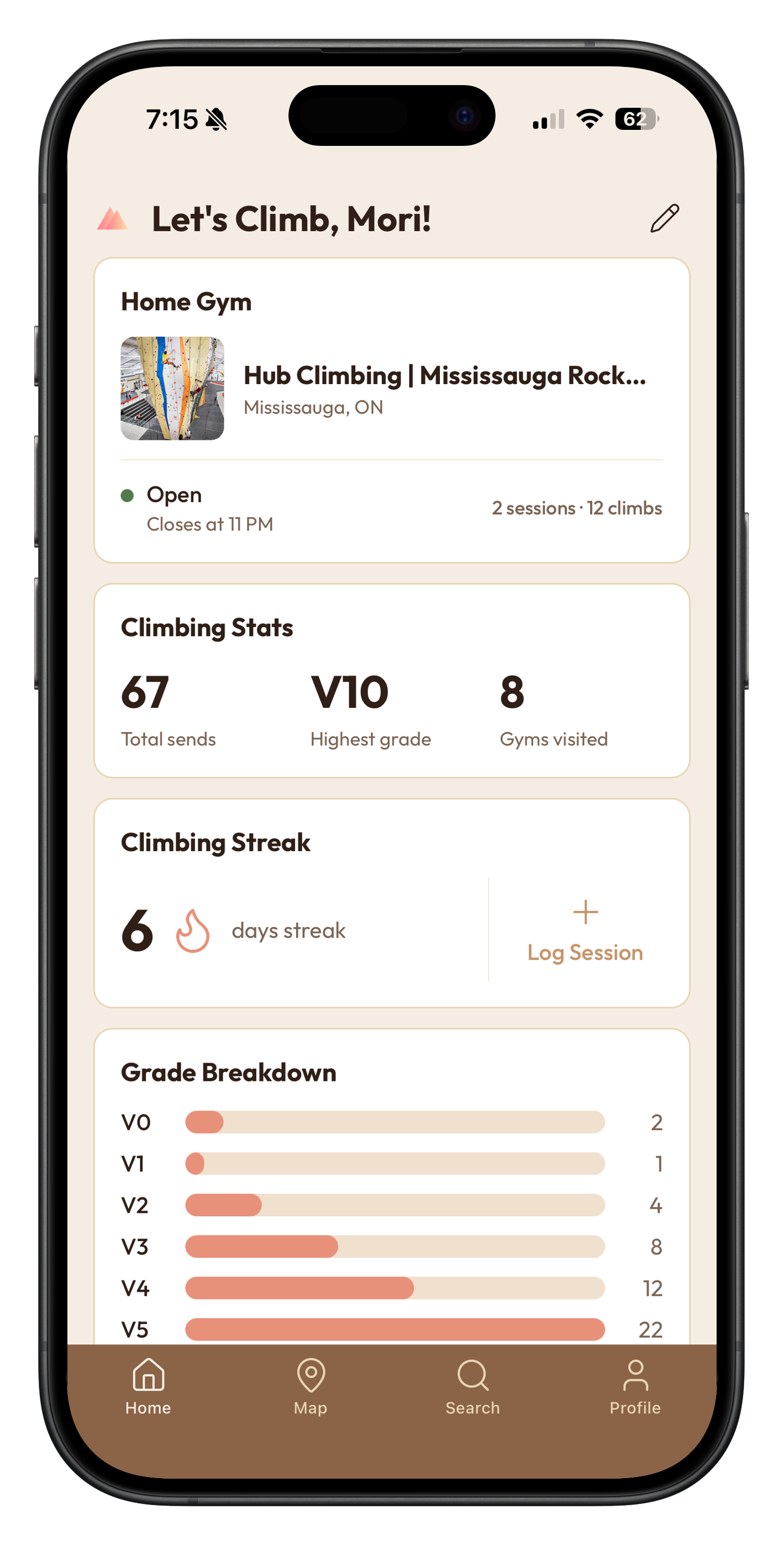ClimbNorth on iPhone showing a logged climbing session