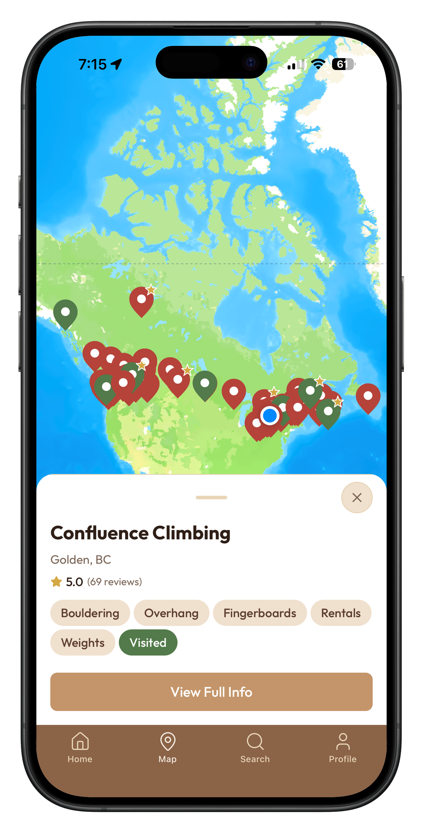 ClimbNorth map screen showing gyms across Canada
