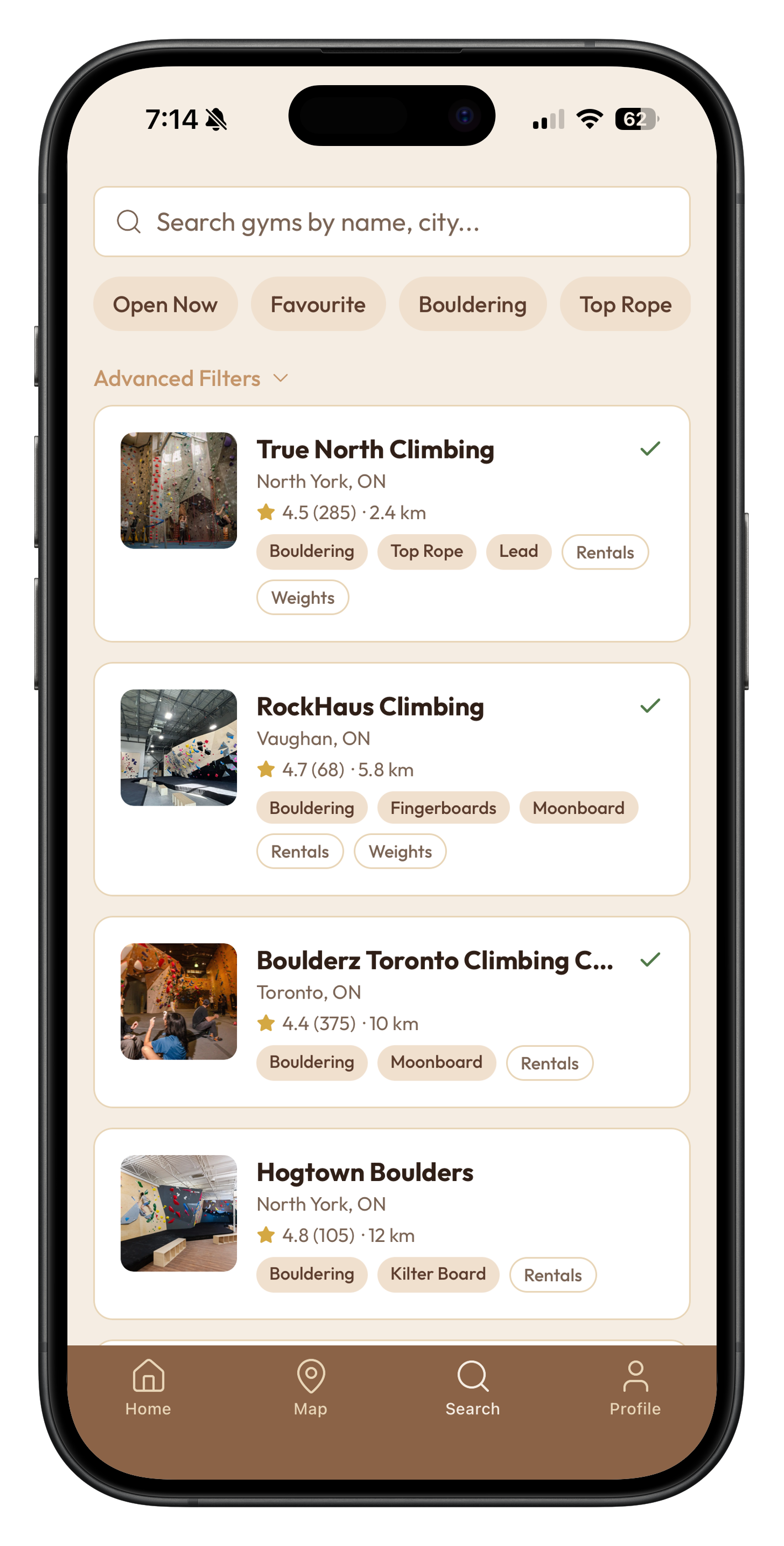 ClimbNorth search screen listing nearby Canadian climbing gyms