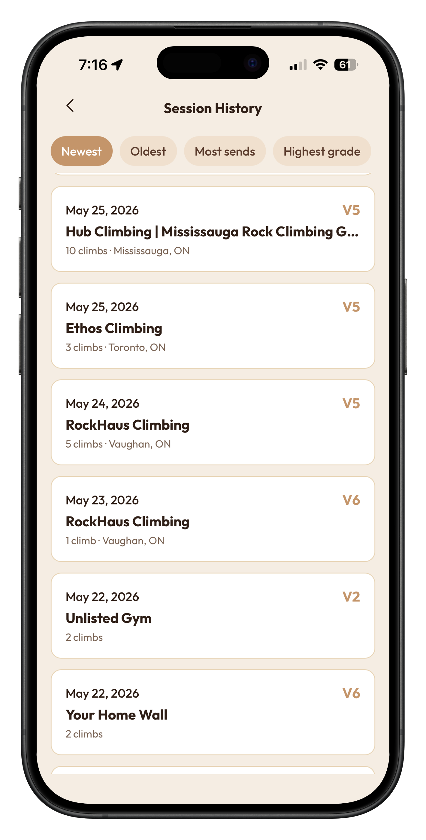 ClimbNorth sessions screen with logged climbs